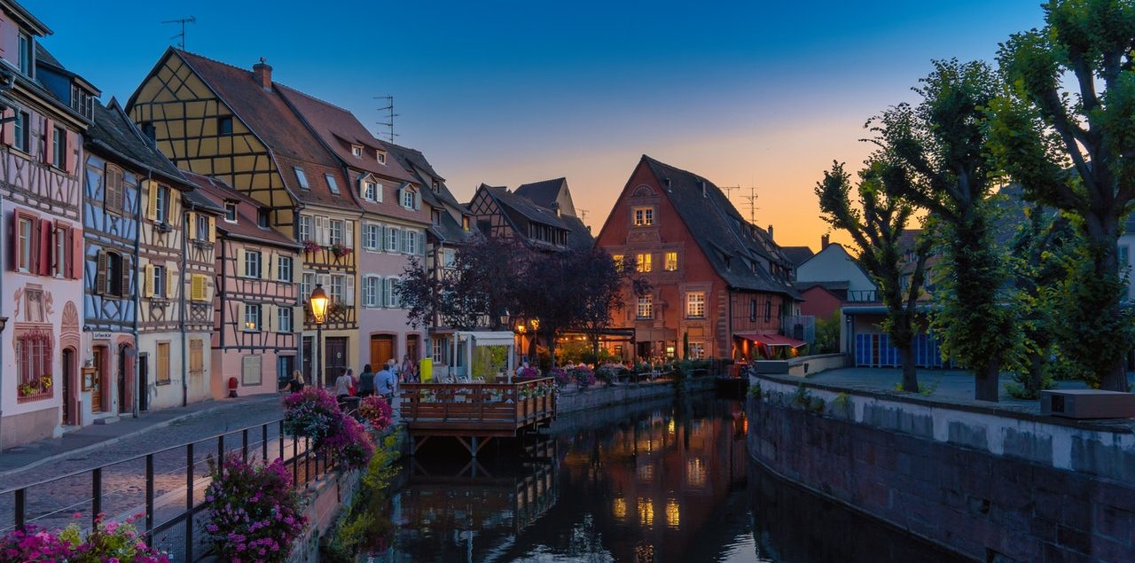 Travels in France, storybook type buildings in the evening