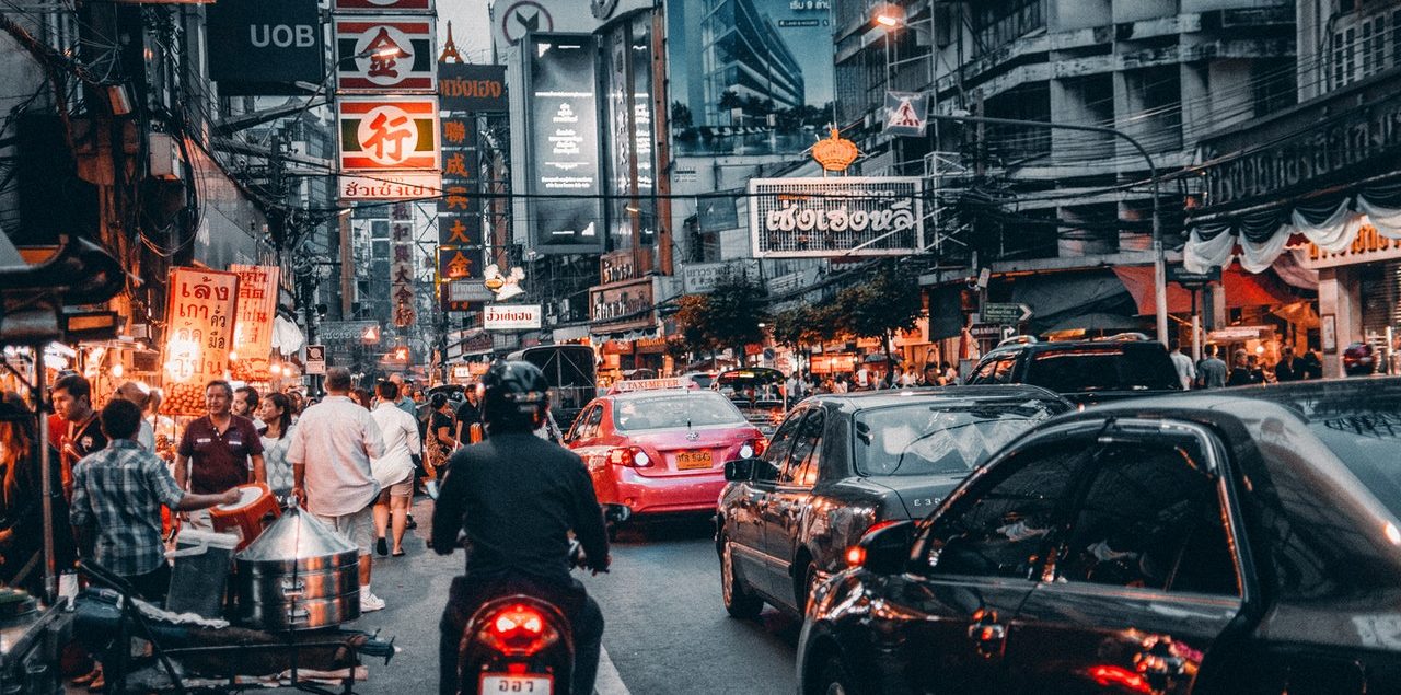 Bangkok, Thailand, traffic jam and street vendors